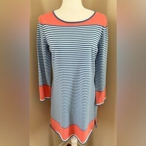 Sail to Sable Coral White Blue Striped Wide Neck Long Sleeve Mini Shirt Dress